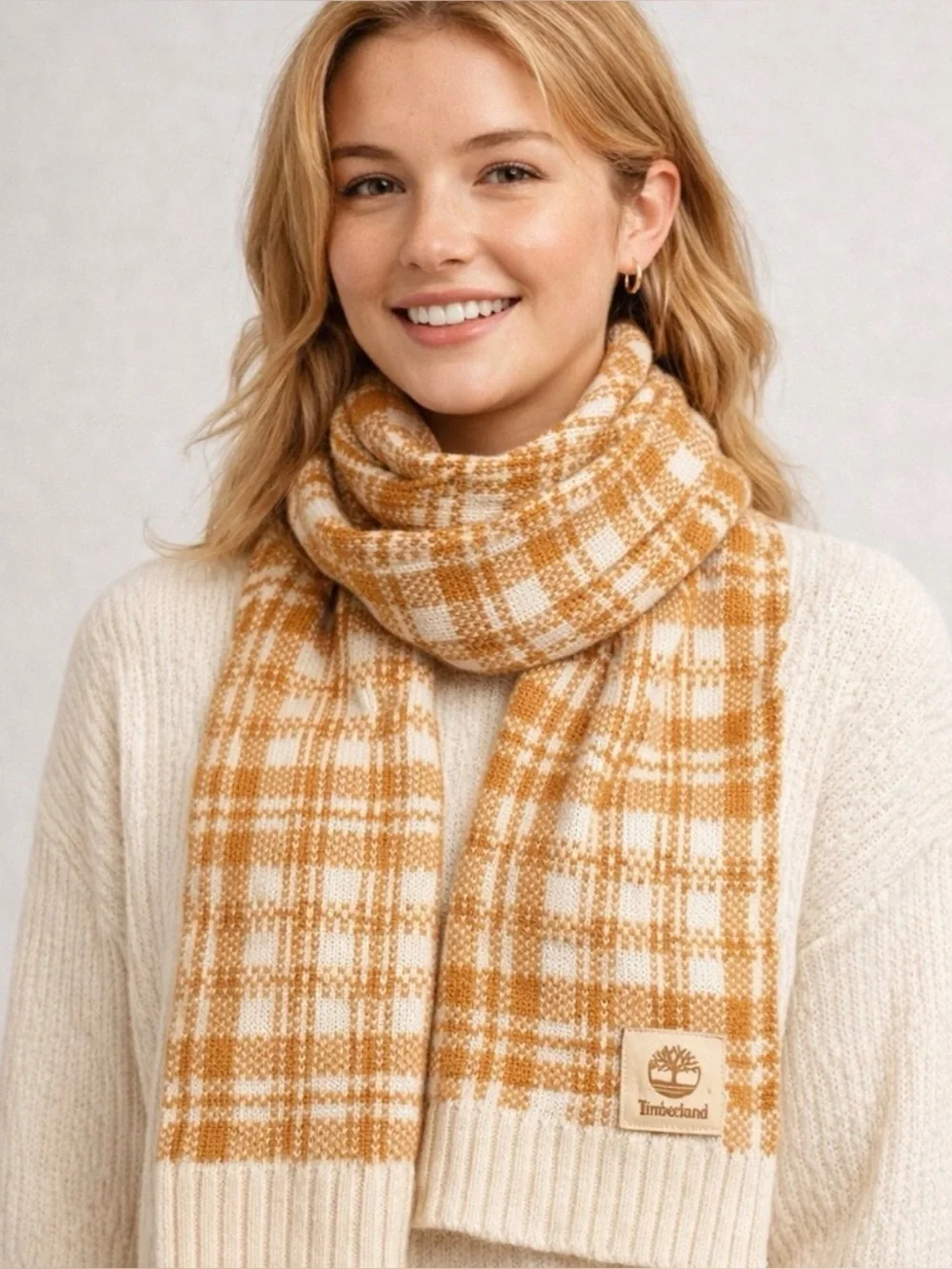 Timberland Plaid Knit Scarf Tan Cream Logo Patch Winter Unisex 60”